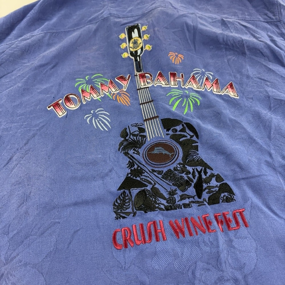 Tommy Bahama Shirt Mens XL Blue Silk Crush Wine Fest Guitar Hawaiian Button-Up